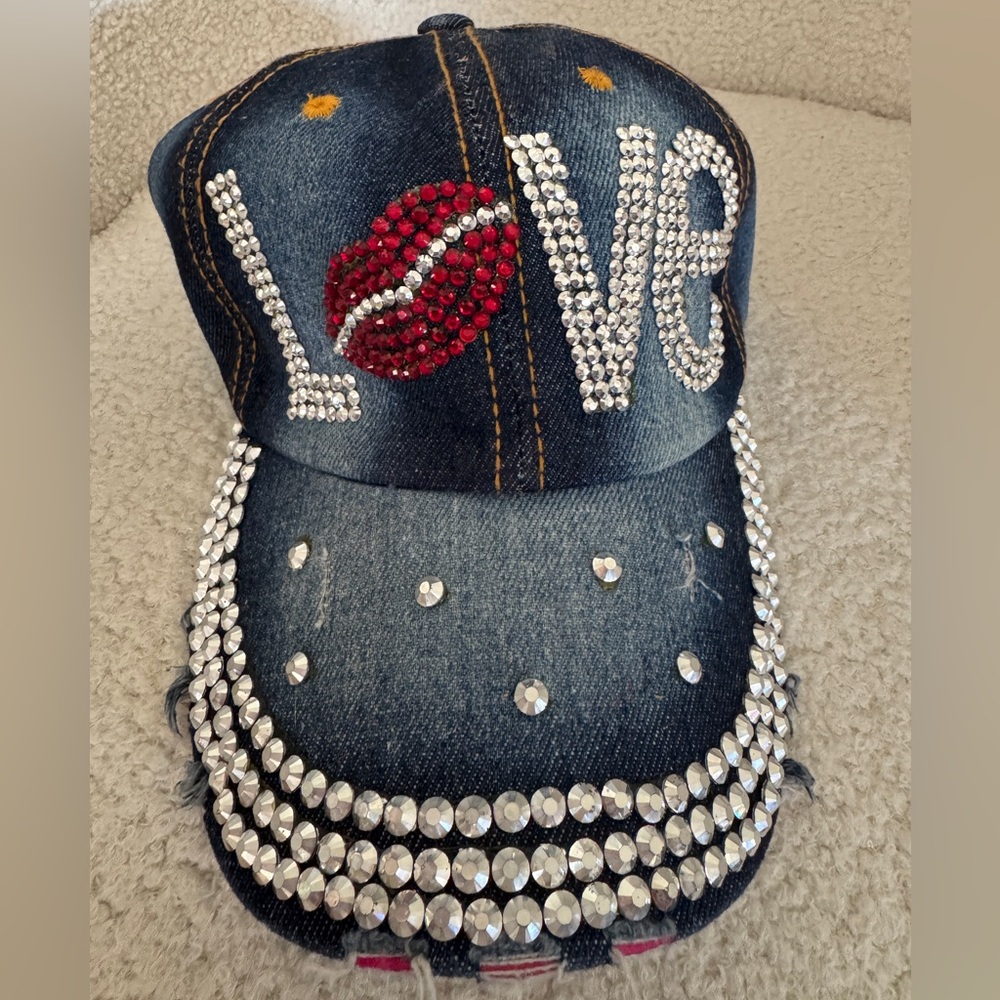 NWOT Y2K Dark Denim Rhinestone Love Baseball Cap